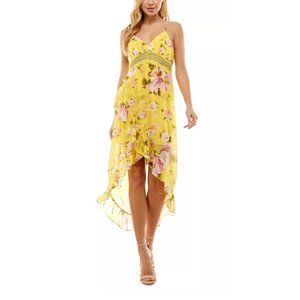 CITY STUDIOS Juniors Floral Print Empire Waist Midi Dress Yellow Rose XXS